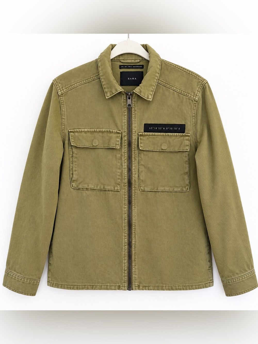 Zara Man Men’s L Olive Green Utility Jacket Coordinate Patch Workwear Zip Front